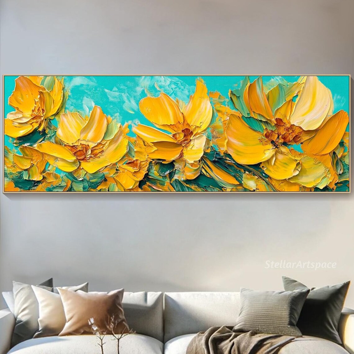 Bright Yellow Blossom Field Turquoise Sky Impasto Floral Art Poster