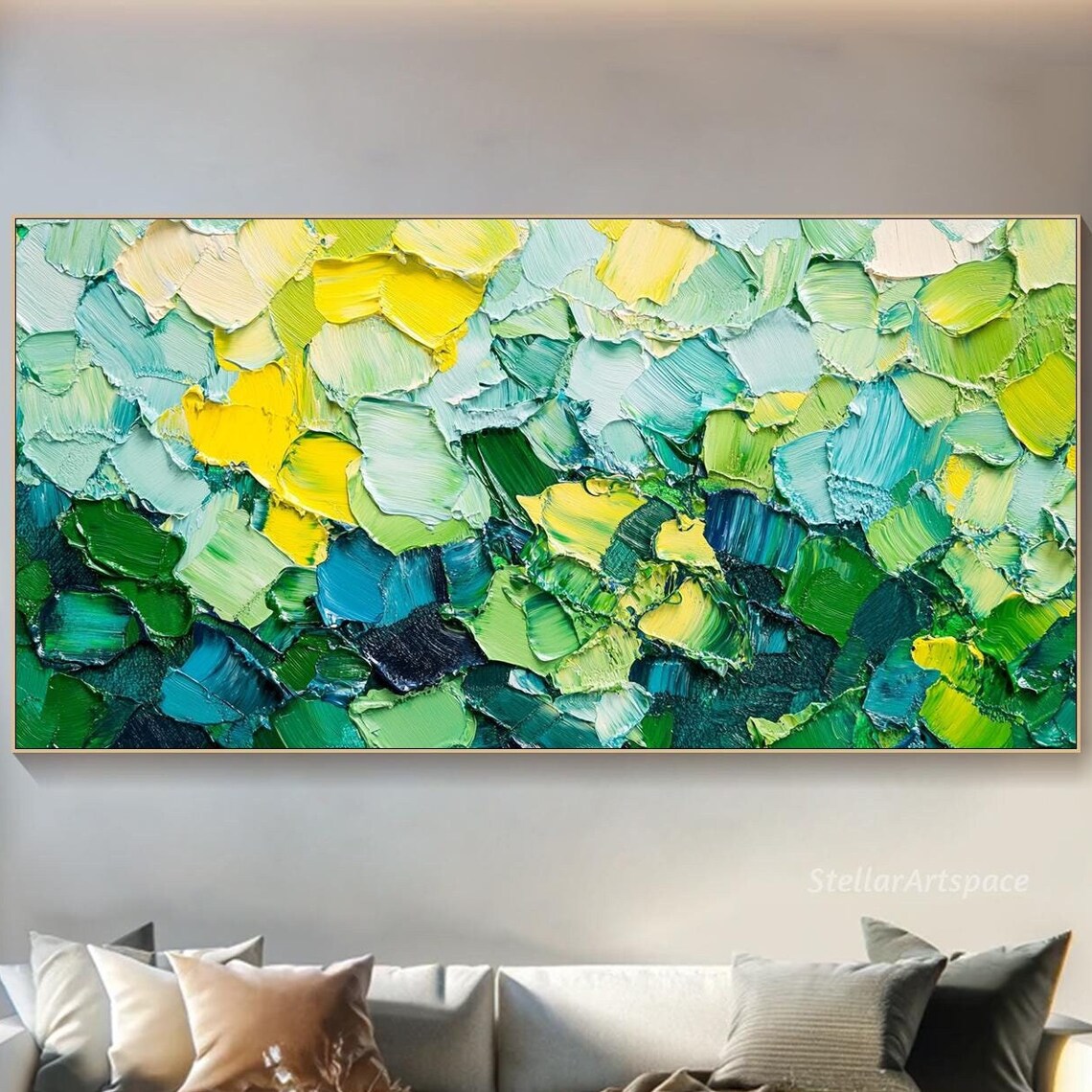 Green Yellow Blue Abstract Textured Impasto Palette Knife Wall Art