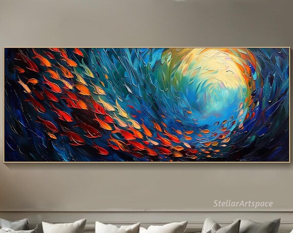 Fish Swarm Oil Painting On 3d Ocean Texture Wall Art Vibrant Large Wall Art Colorful Abstract Statement Living Room Wall Art