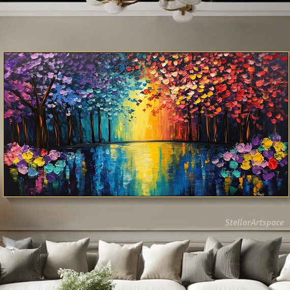 3d Abstract Nature Textured Wall Art Colorful Forest Painting On Contemporary Forest Scene Large Painting Living Room Wall Art