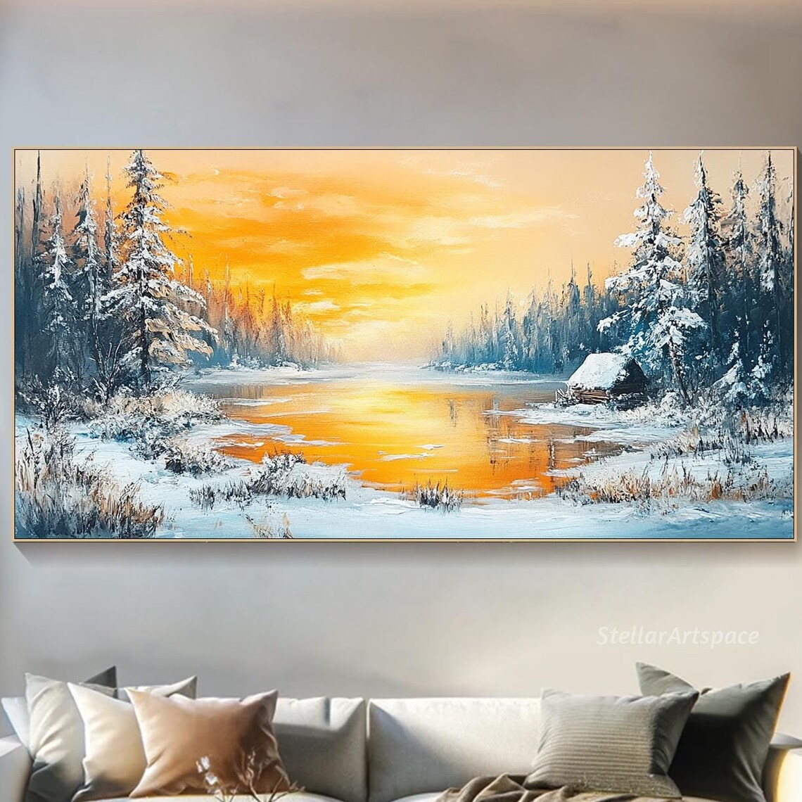 Winter Cabin Frozen Lake Sunset Snowy Pines Cozy Landscape Art Poster