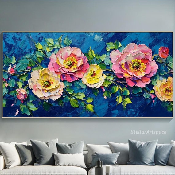 Colorful Floral Painting On 3d Textured Wall Art Large Peony Bold Impressionist Artwork Blooming Garden Art Living Room Decor