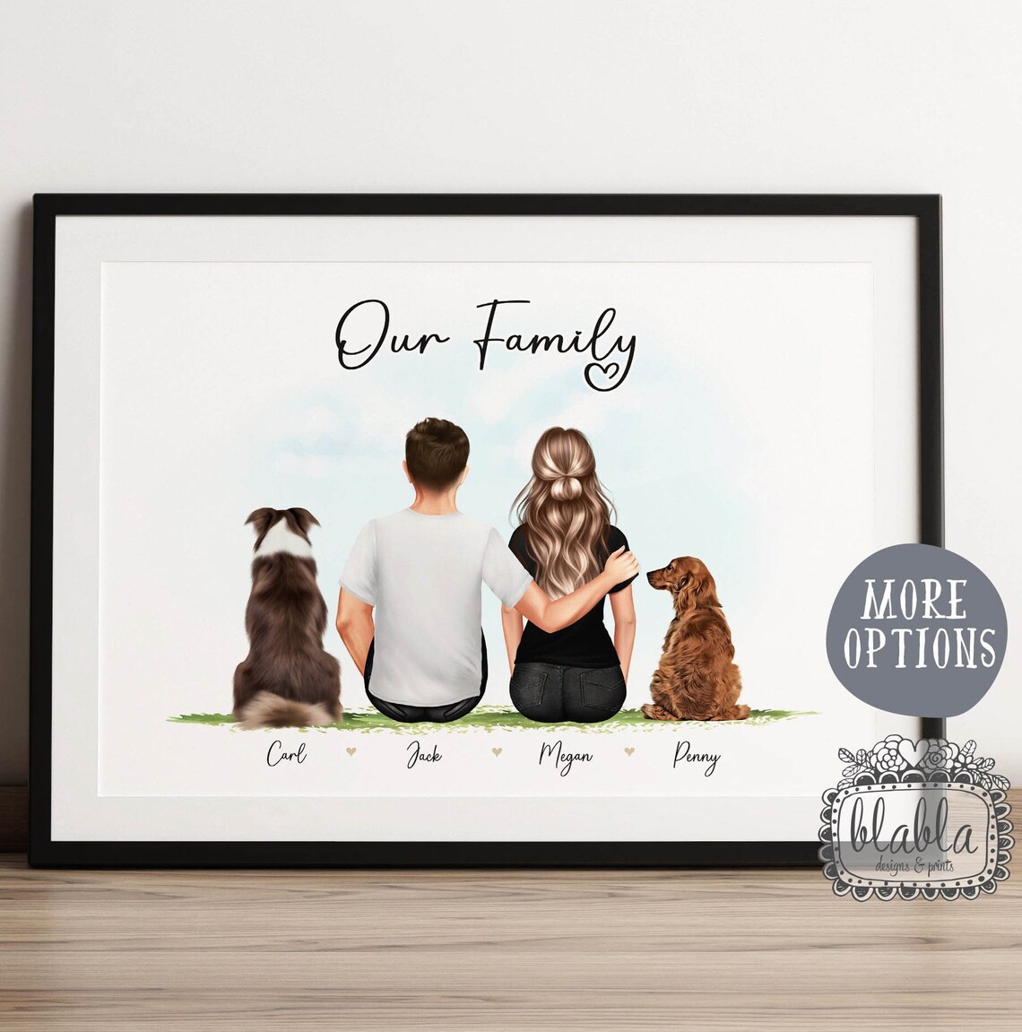 Our Family Couple Sitting with Two Dogs Back View Portrait Poster