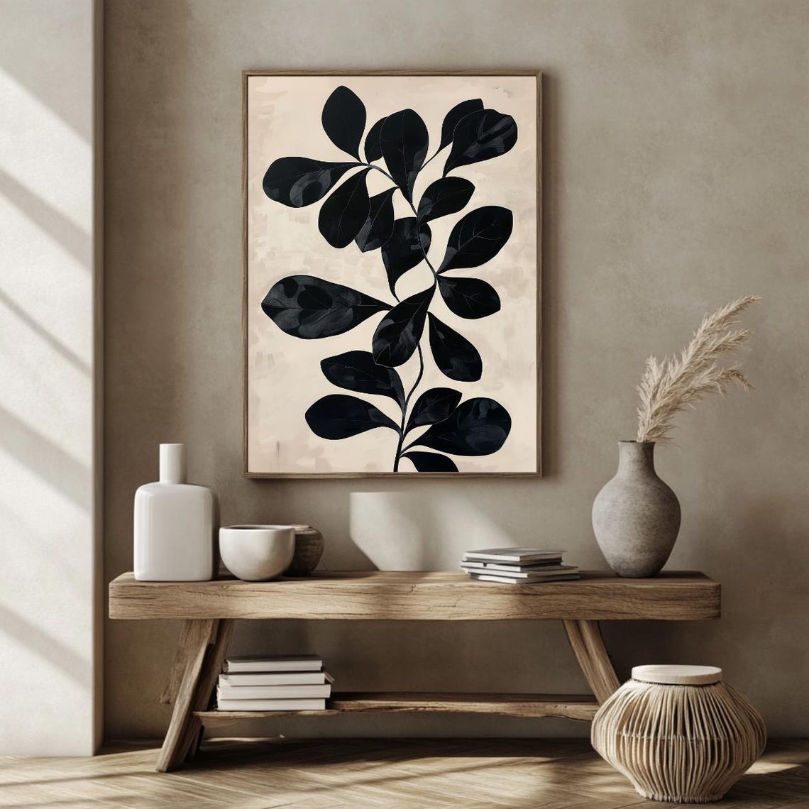 Black Leaf Wall Art Print Minimalist Botanical Poster Beige Neutral Home Decor Modern Plant Illustration