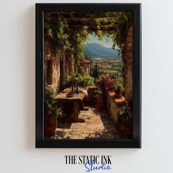 Tuscan Stone Terrace With Rustic Wine Table Overlooking Valley Poster
