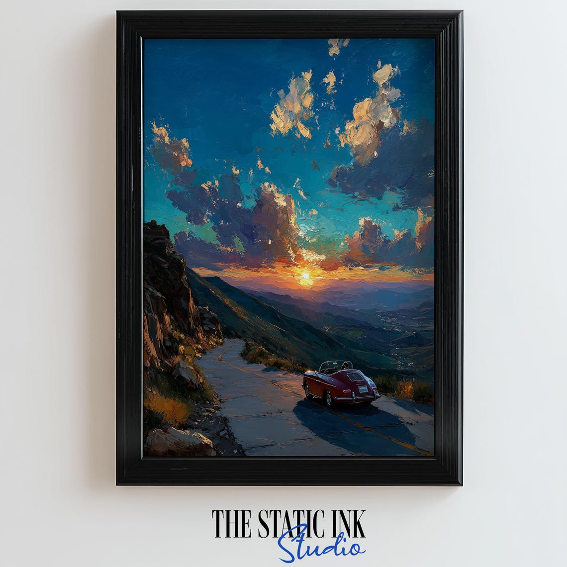 Red Vintage Convertible Driving Into Sunset Mountain Road Poster