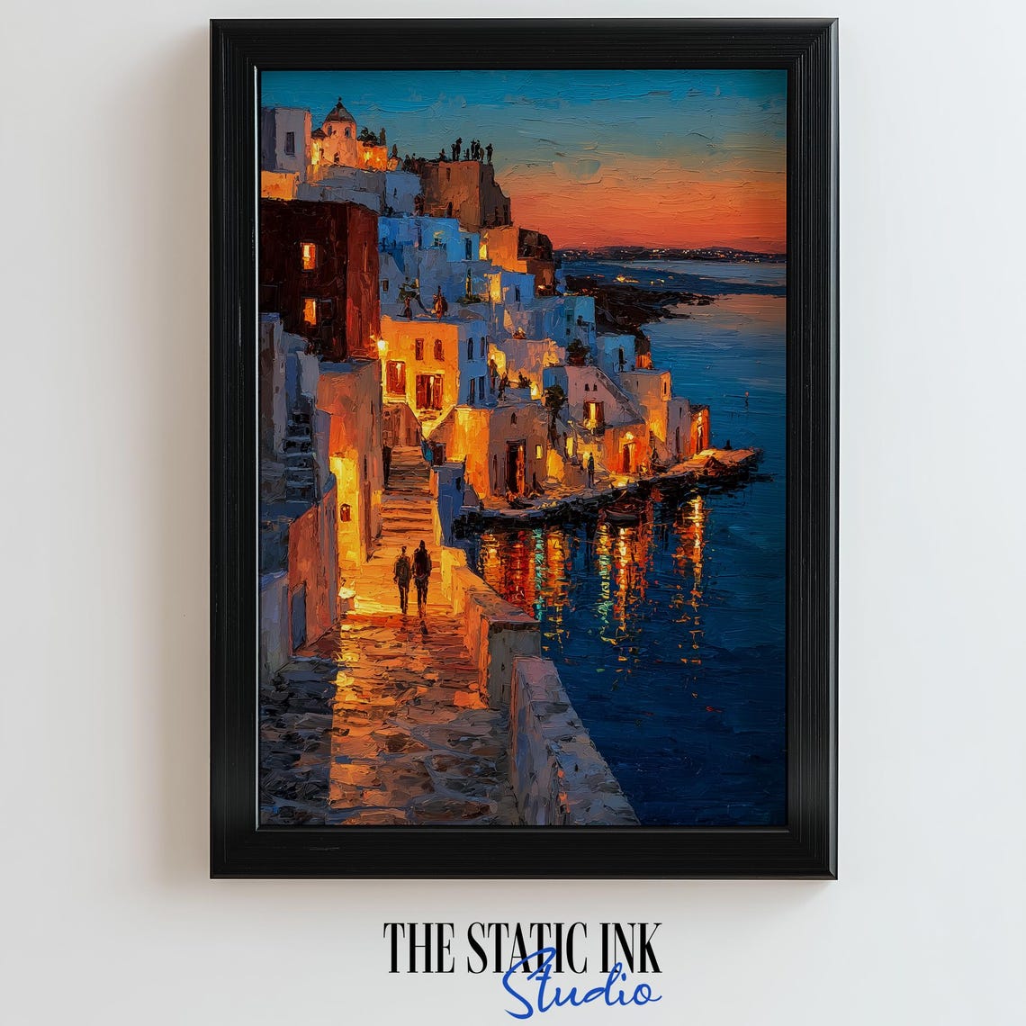 Santorini Alley At Dusk With Lanterns And Sea Reflections Poster