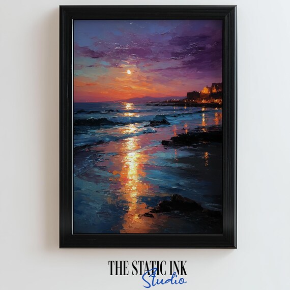 Purple Sunset Beach Moonlit Waves Golden Reflection Ocean Poster