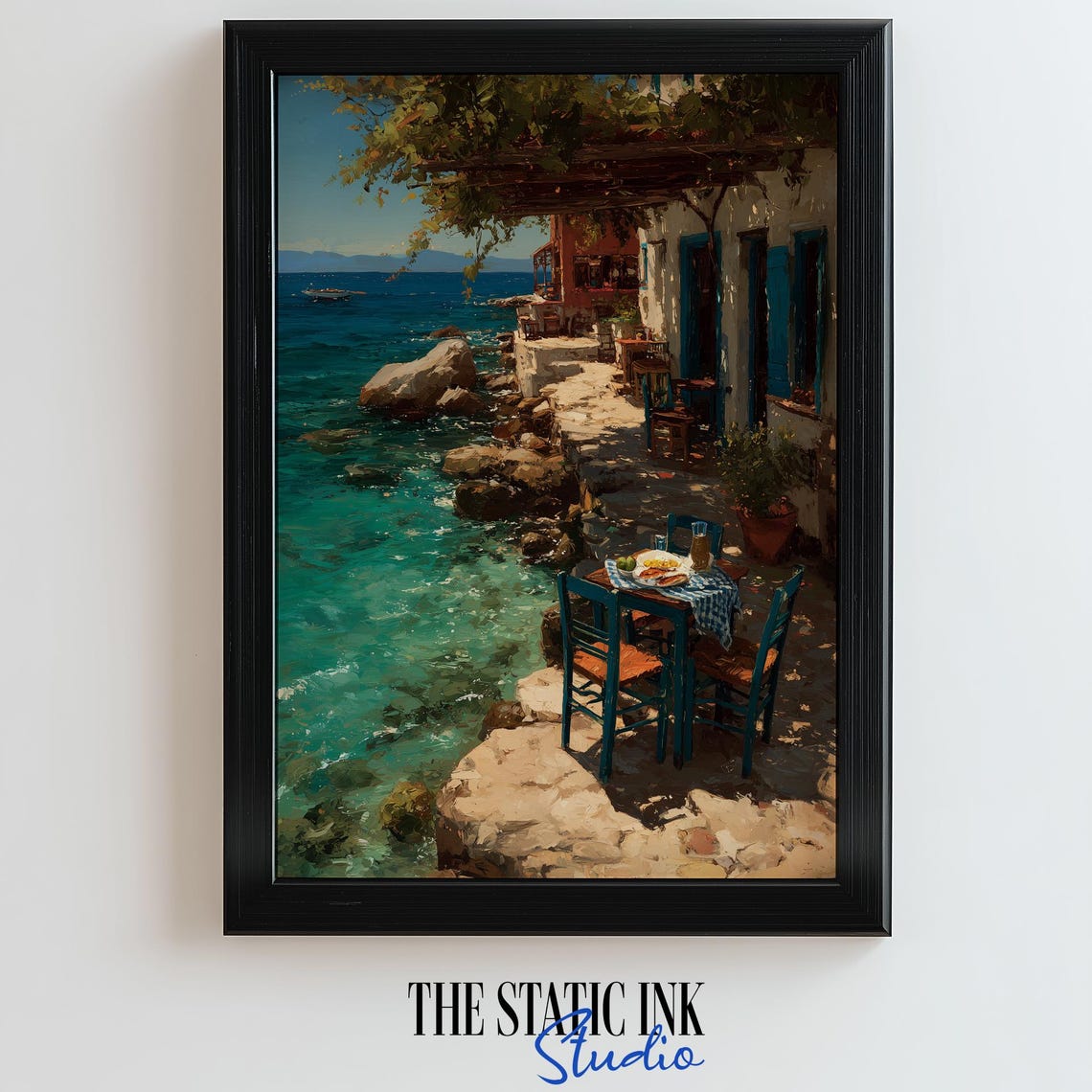 Greek Seaside Taverna Table Overlooking Turquoise Water Poster