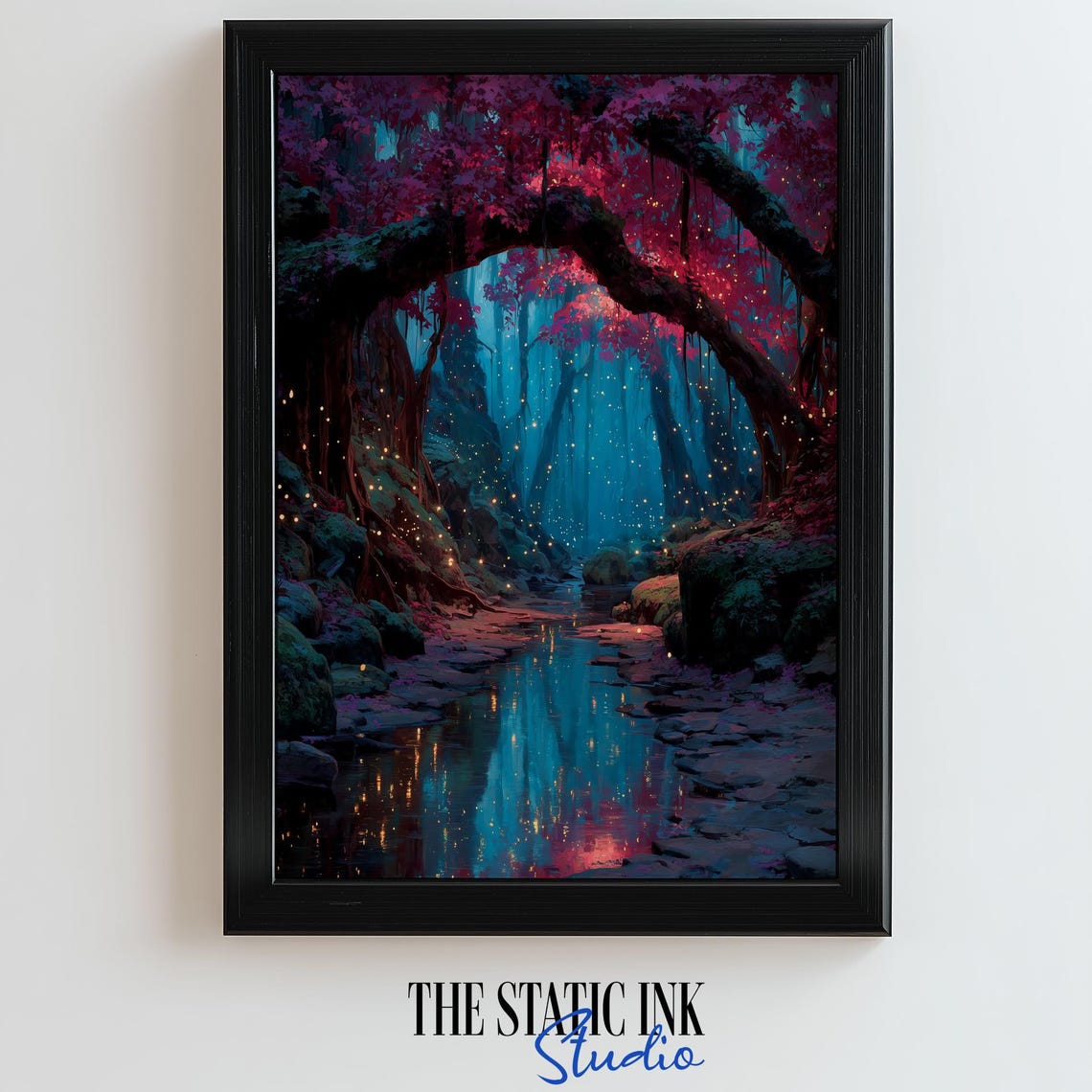 Enchanted Crimson Forest Stream With Glowing Lights Fantasy Poster