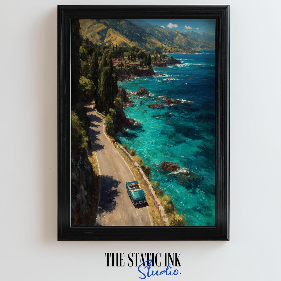 Vintage Convertible Driving Along Turquoise Coastal Ocean Road Poster