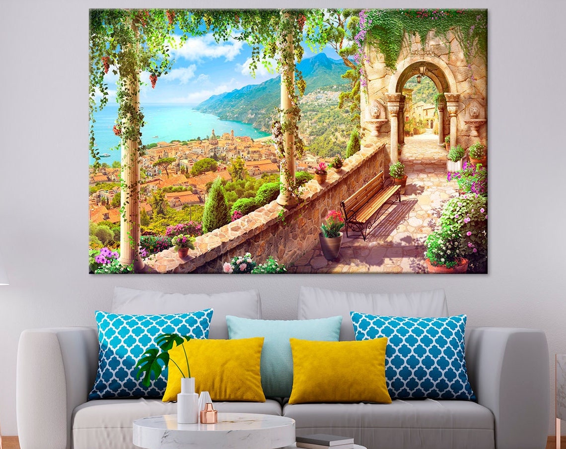 Italian Coastal Town View Mediterranean Balcony Landscape Art Print Italian Coastal Wall Art European Landscape Print Large Living Room Art