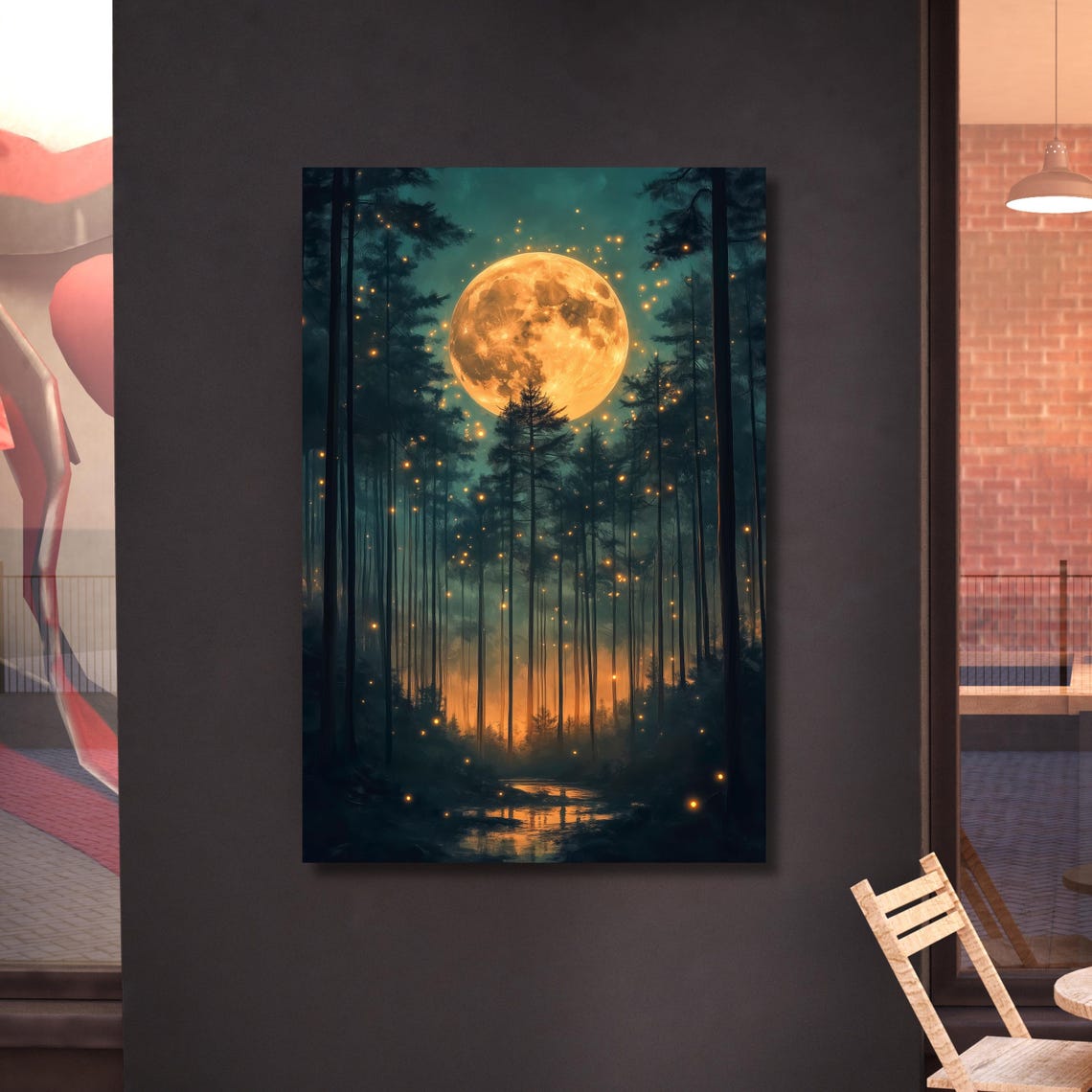 Golden Full Moon Over Dark Pine Forest Starry Night Sky Wall Art - Image 2