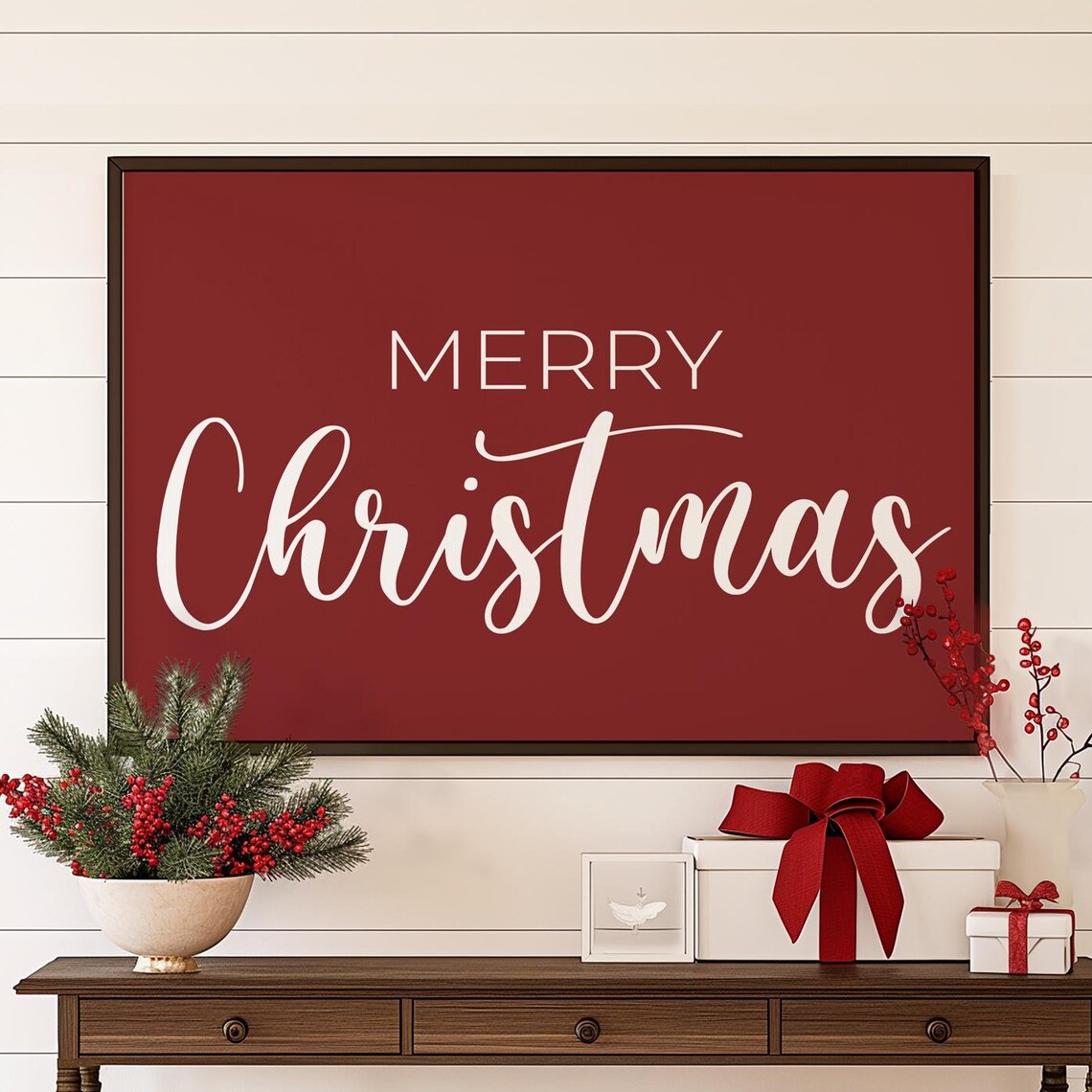 Merry Christmas Script Typography Burgundy Classic Holiday Sign Poster