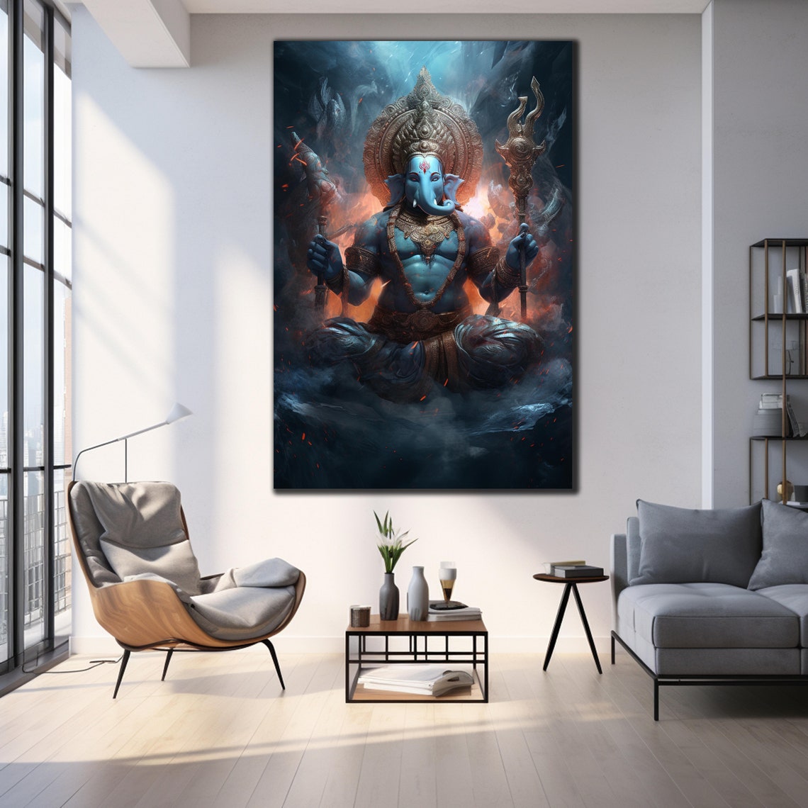 Lord Ganesha Warrior Blue Trident Cosmic Fire Storm Art Wall Poster - Image 3