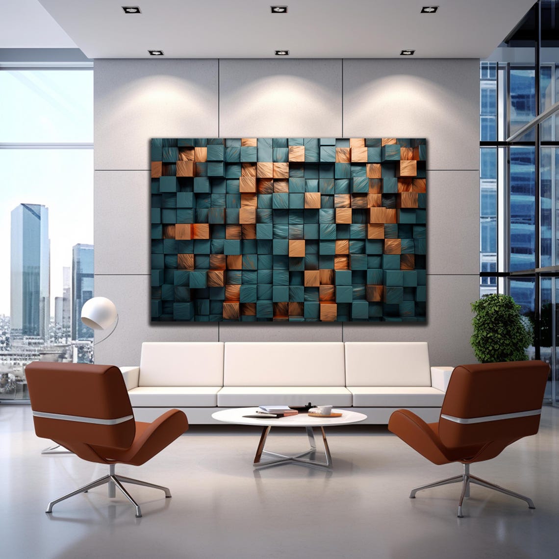 Teal Blue Copper 3D Wooden Cube Blocks Abstract Modern Wall Art - Image 3