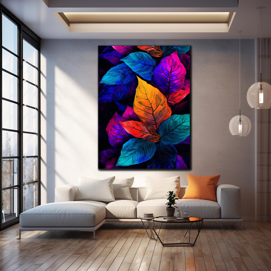 Vibrant Neon Stained Glass Leaves Colorful Botanical Art Glass Poster - Image 4