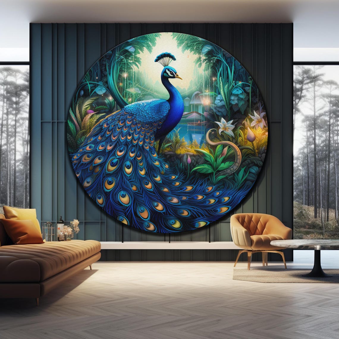 Peacock Jungle Garden Full Tail Feathers Tropical Paradise Wall Art - Image 4