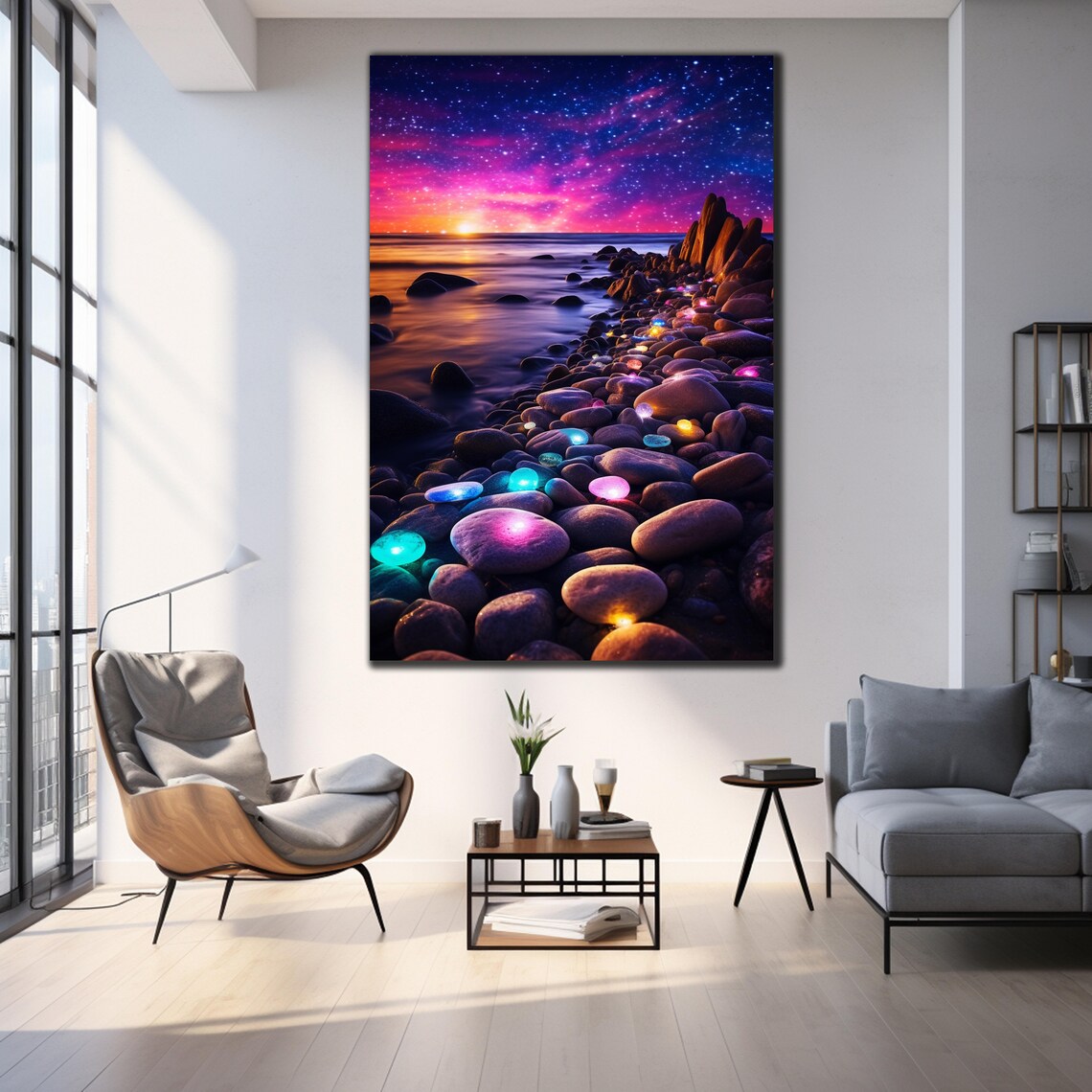 Night Beach Glowing Pebbles Starry Sky Sunset Shore Travel Poster - Image 3