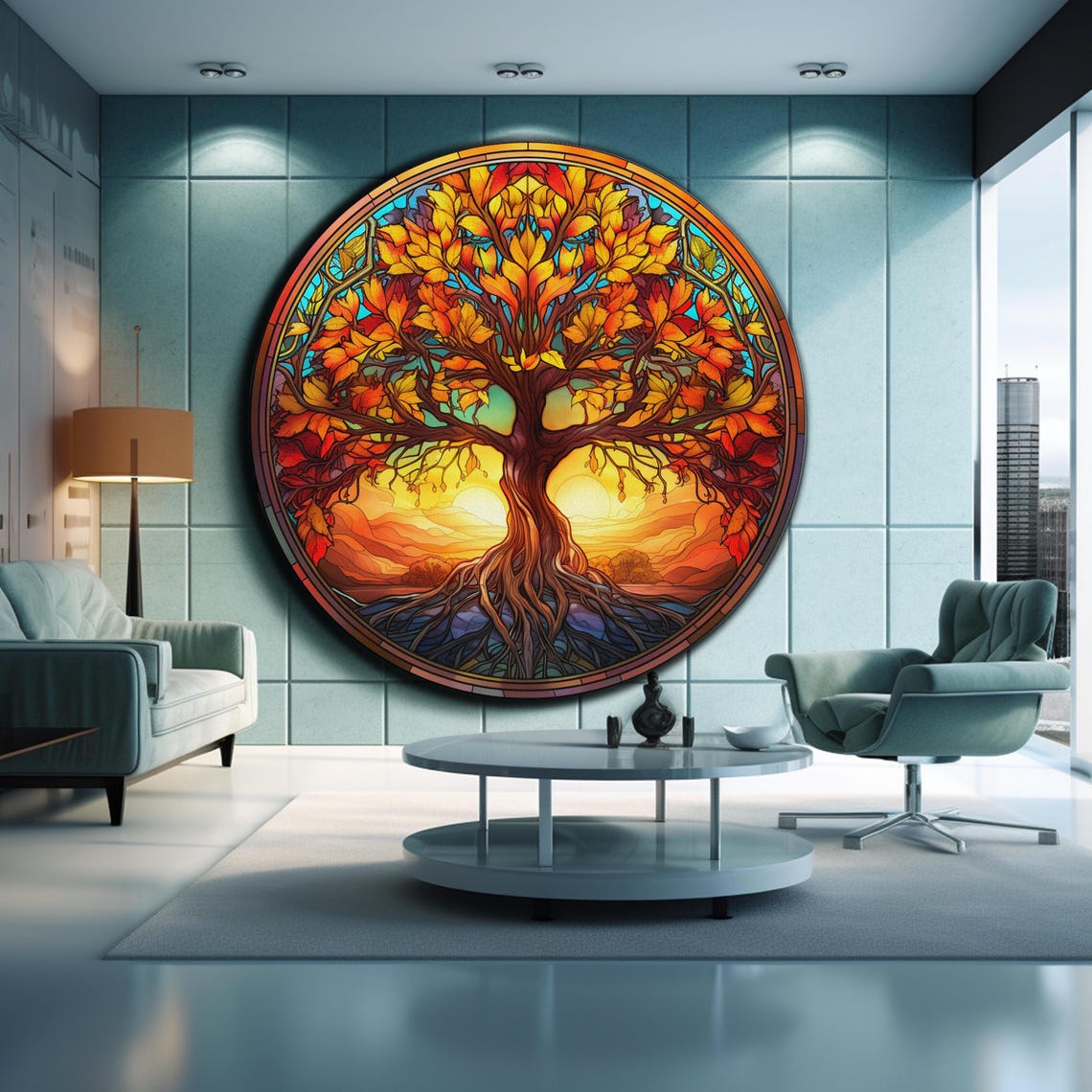 Tree of Life Round Stained Glass Fiery Sunset Autumn Wall Art Poster - Image 2