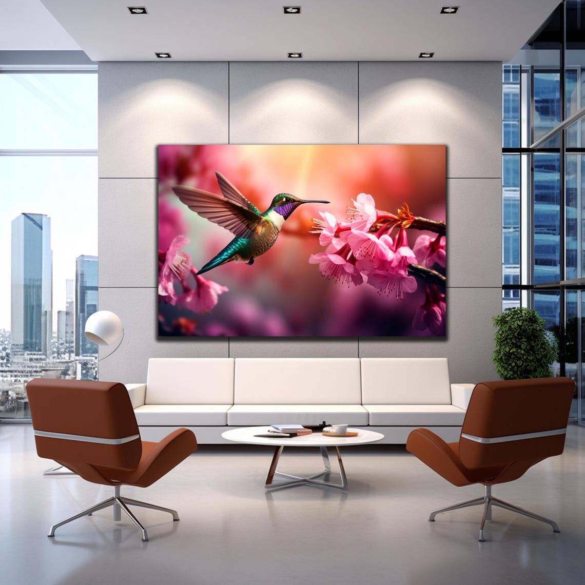 Hummingbird Feeding Pink Cherry Blossoms Spring Garden Bird Poster - Image 2