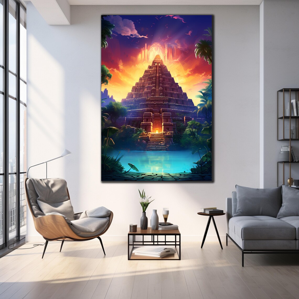 Ancient Mayan Temple Fiery Sunset Birds Tropical Lagoon Travel Poster - Image 3