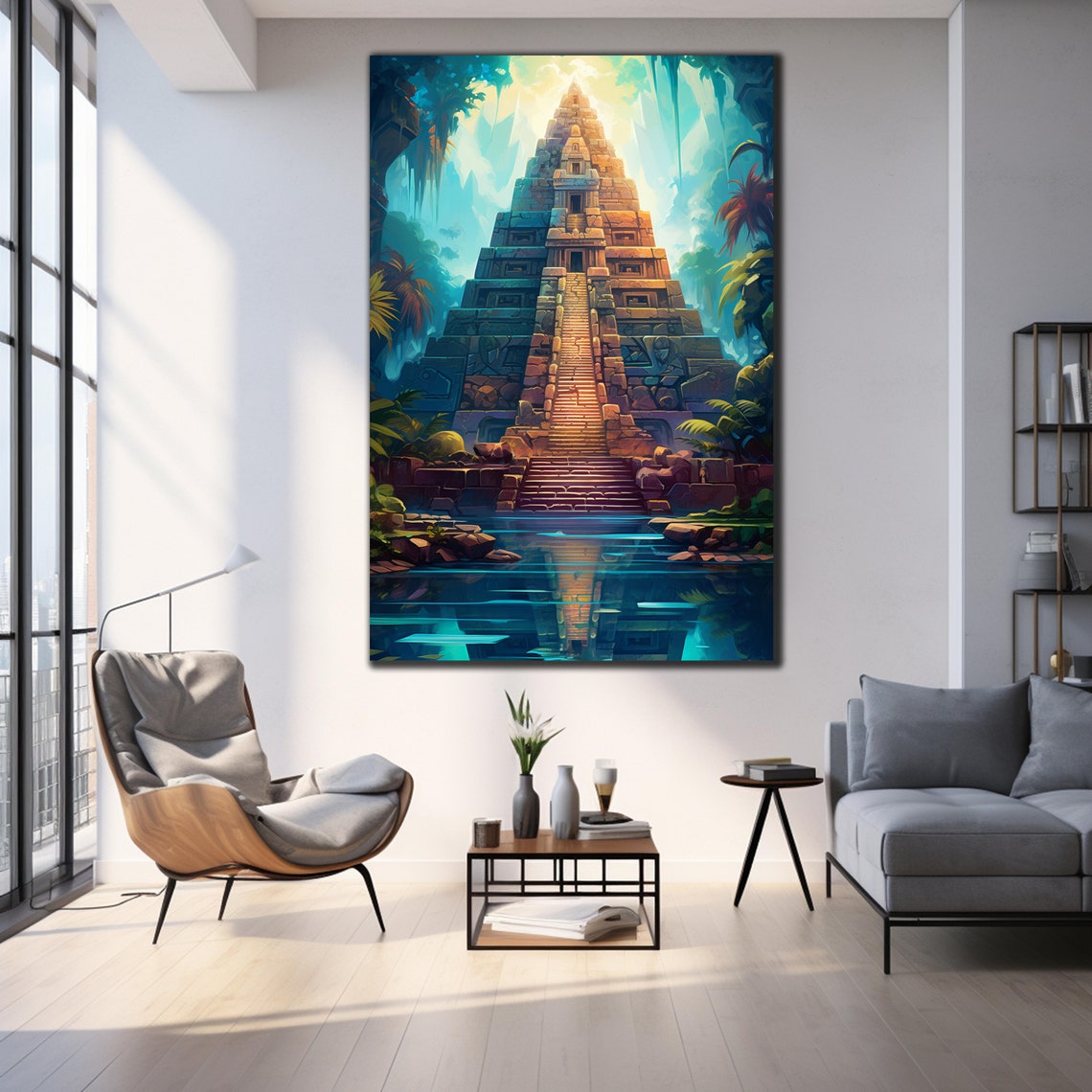 Mayan Jungle Pyramid Waterfall Light Turquoise Lagoon Travel Poster - Image 3