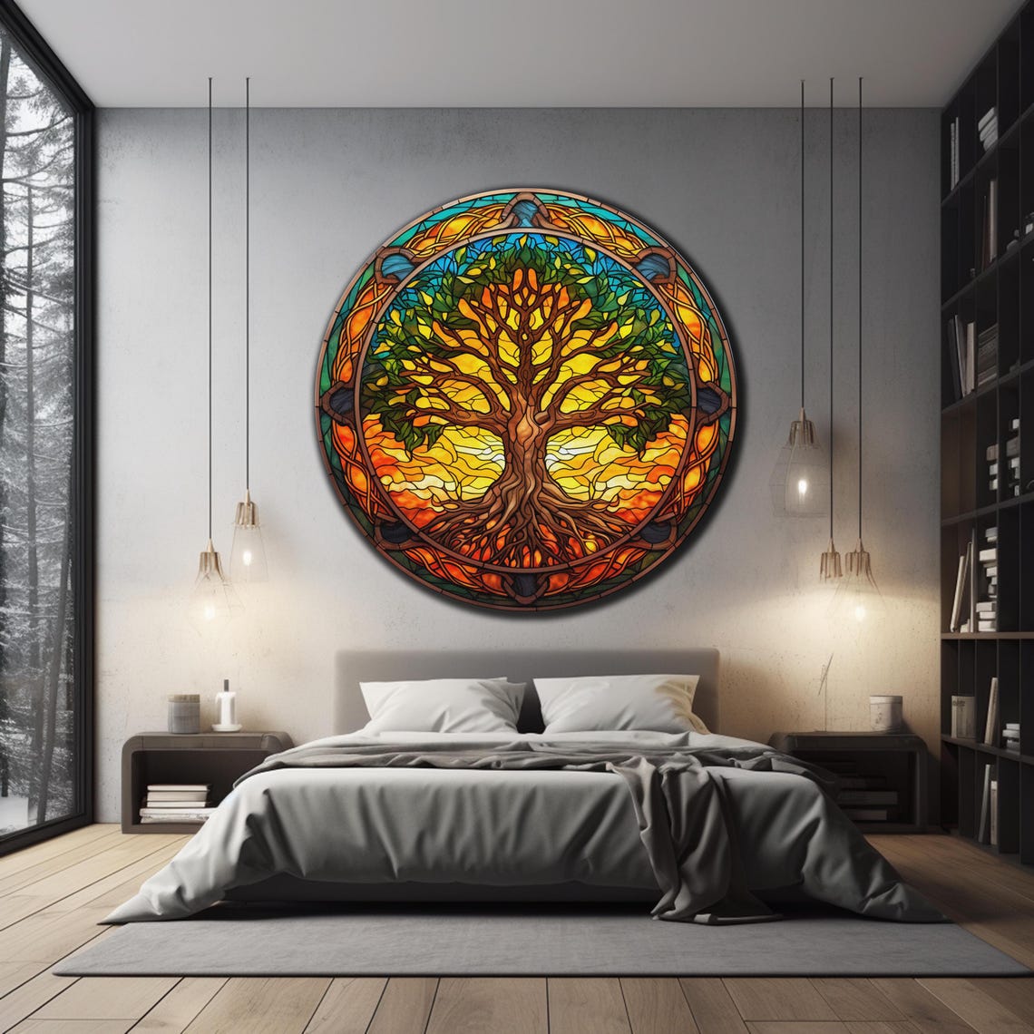 Tree Of Life Stained Glass Sunset Celtic Knot Border Round Wall Art - Image 3