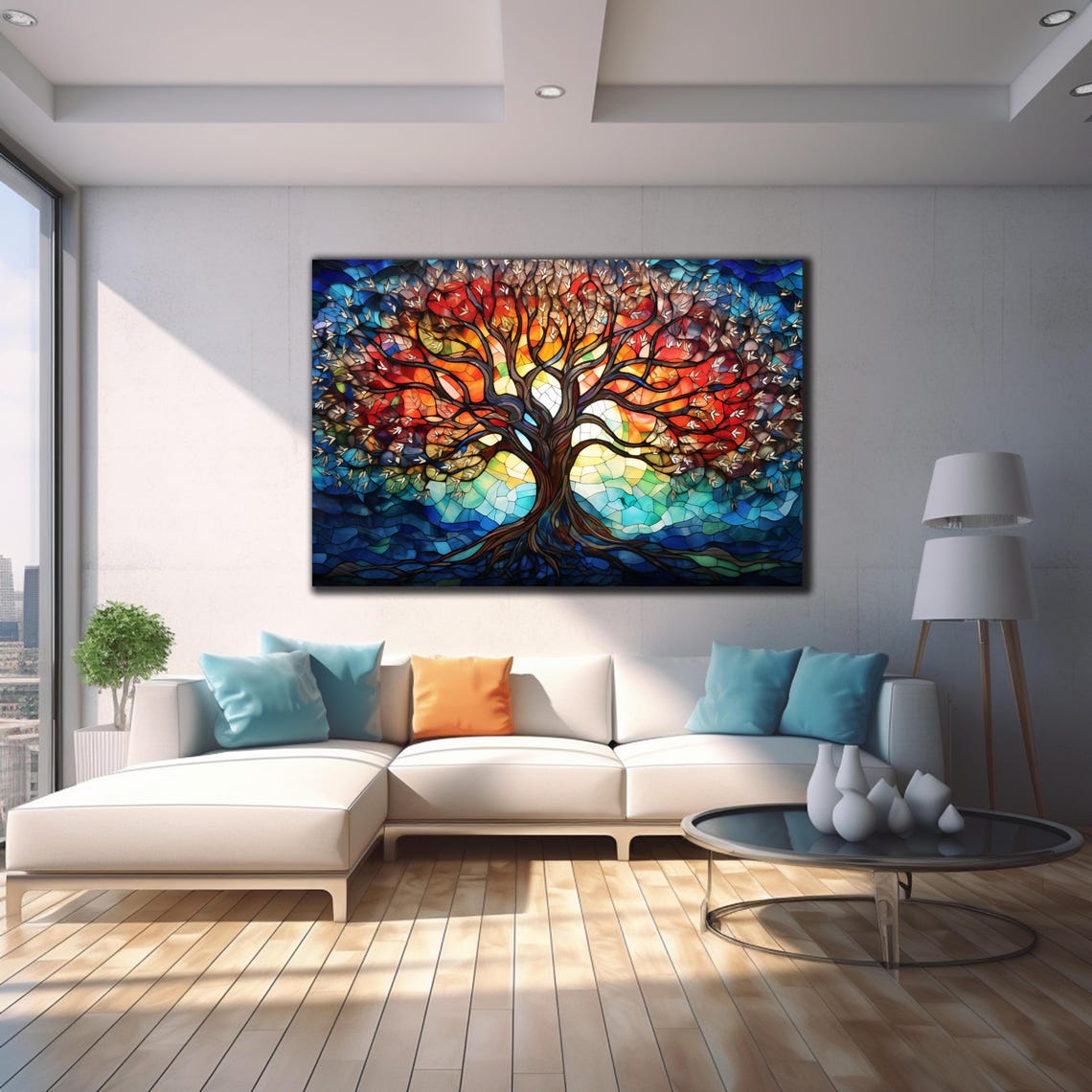 Tree of Life Red Blue Stained Glass Mosaic Fiery Crown Wall Art - Image 4
