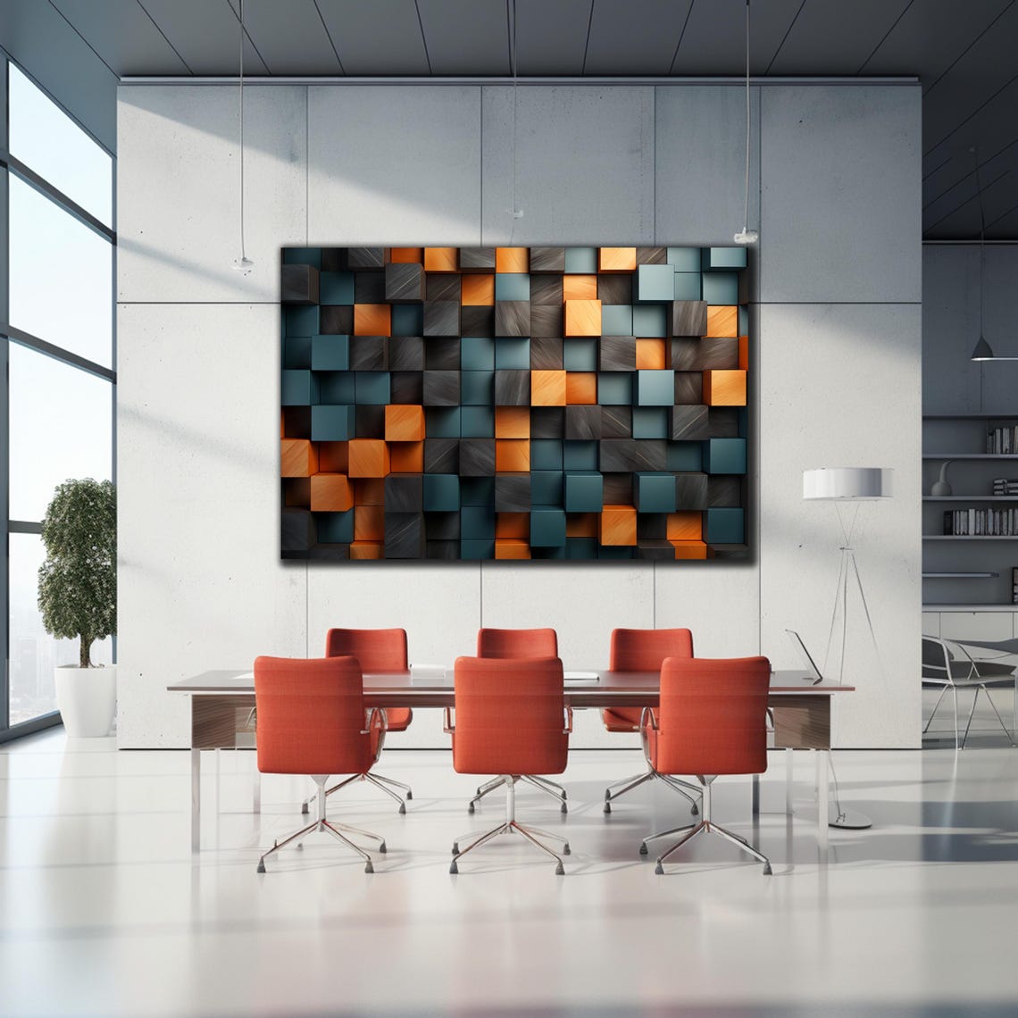 Teal Gray Orange 3D Wooden Block Abstract Geometric Wall Art - Image 2