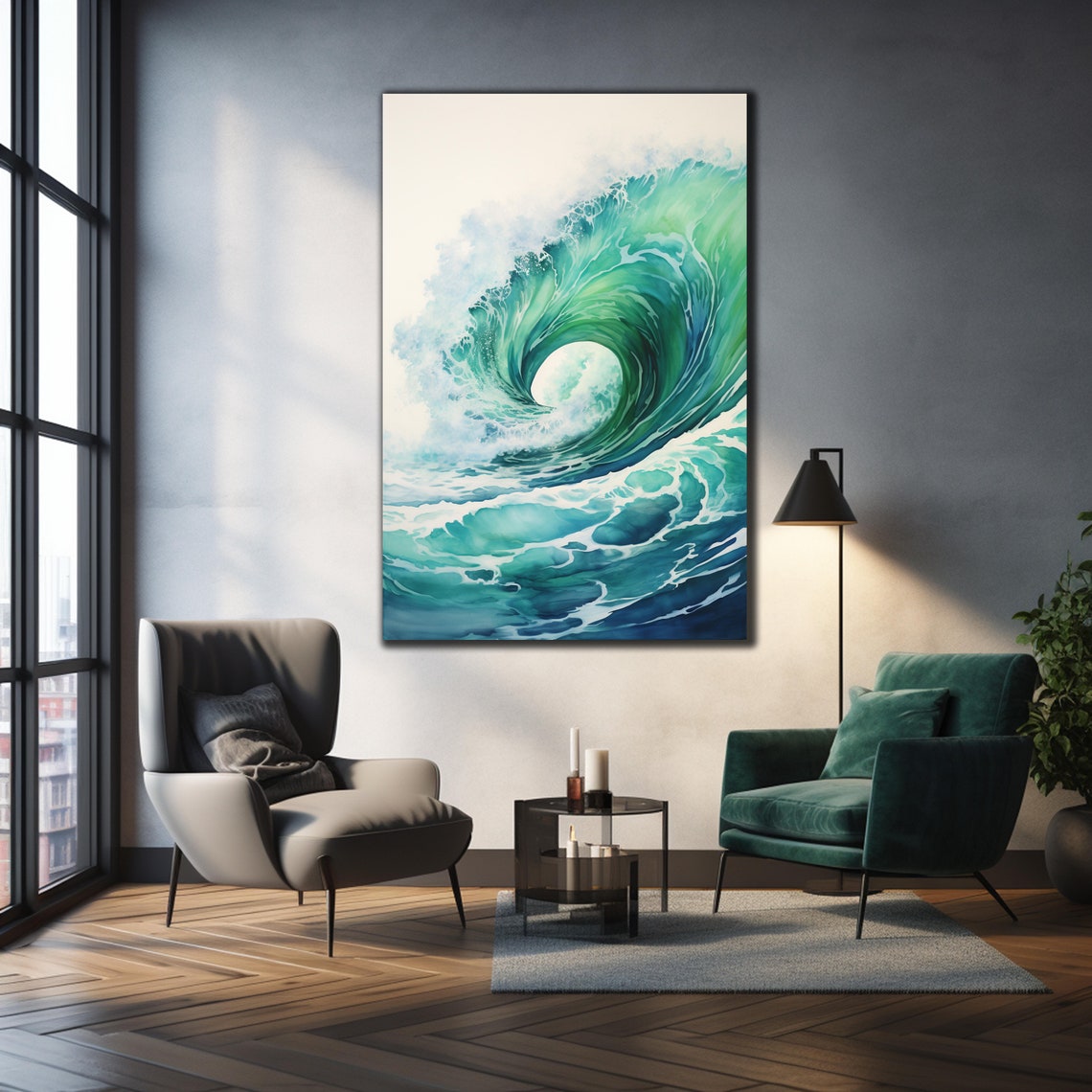 Emerald Wave Spiral Watercolor Curl White Background Art Wall Poster - Image 2