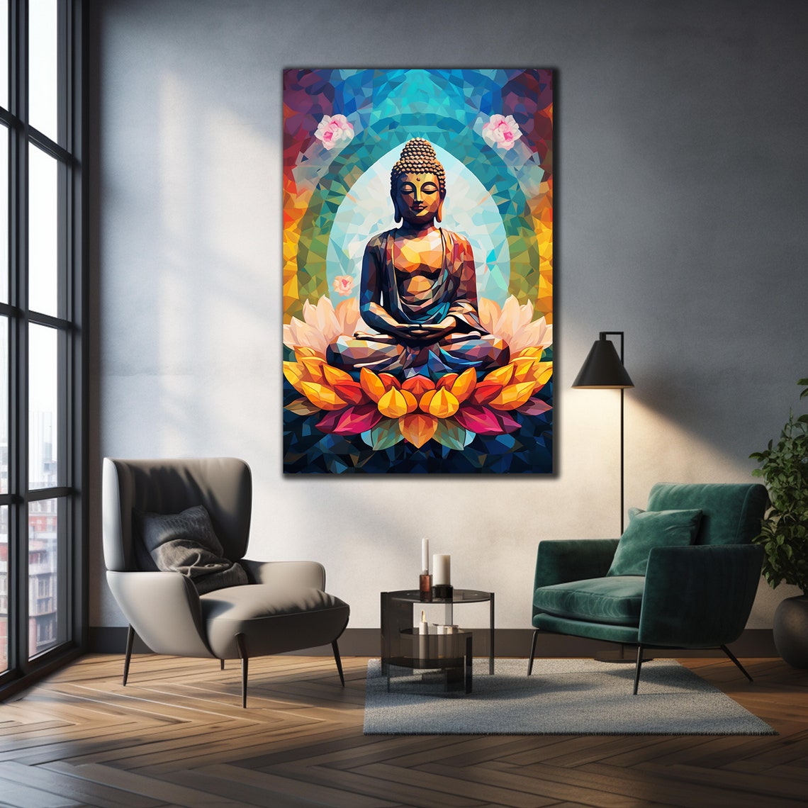 Mosaic Buddha Meditating Lotus Colorful Geometric Zen Wall Art Poster - Image 2