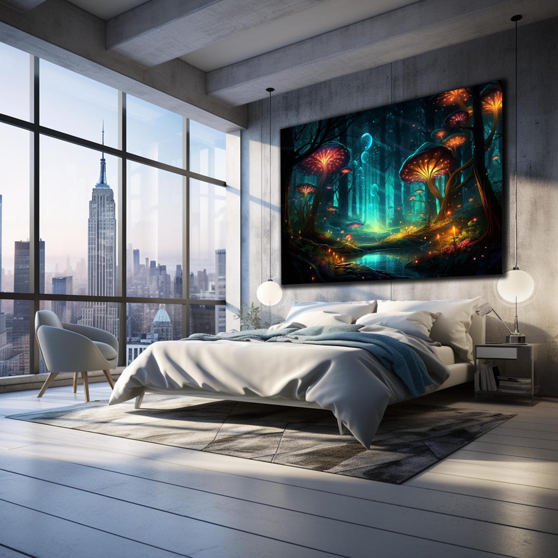 Glowing Mushroom Forest Night Enchanted Neon Fantasy Wall Art - Image 3