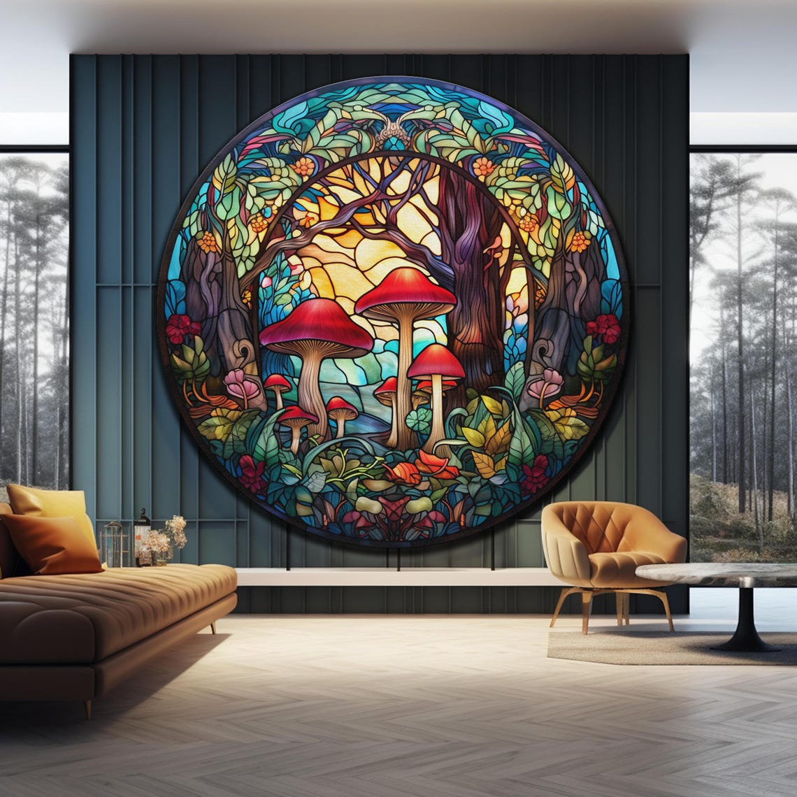 Stained Glass Mushrooms Forest Round Red Cap Nature Wall Art Poster - Image 4
