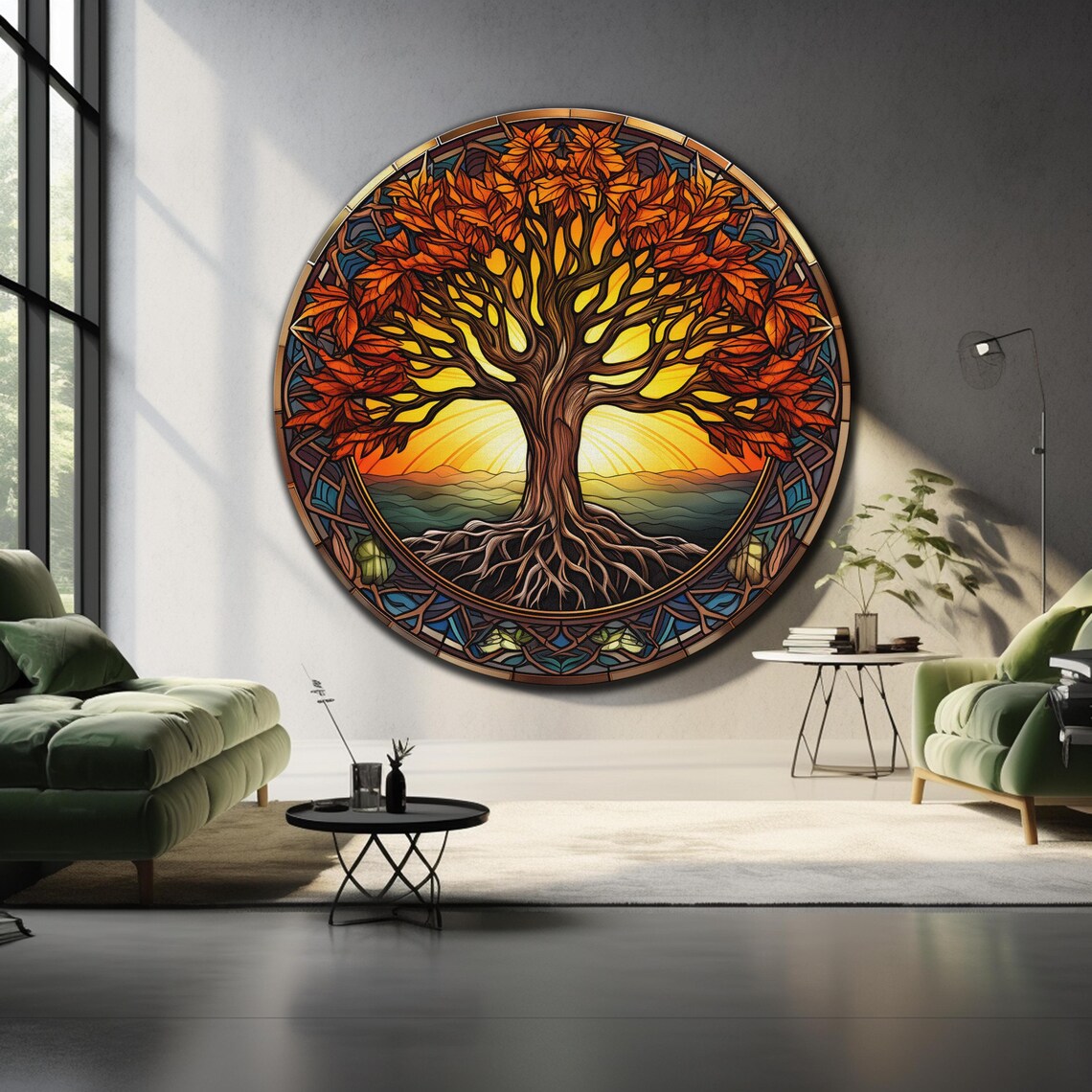 Tree of Life Round Stained Glass Autumn Leaves Sunrise Wall Art Poster - Image 4