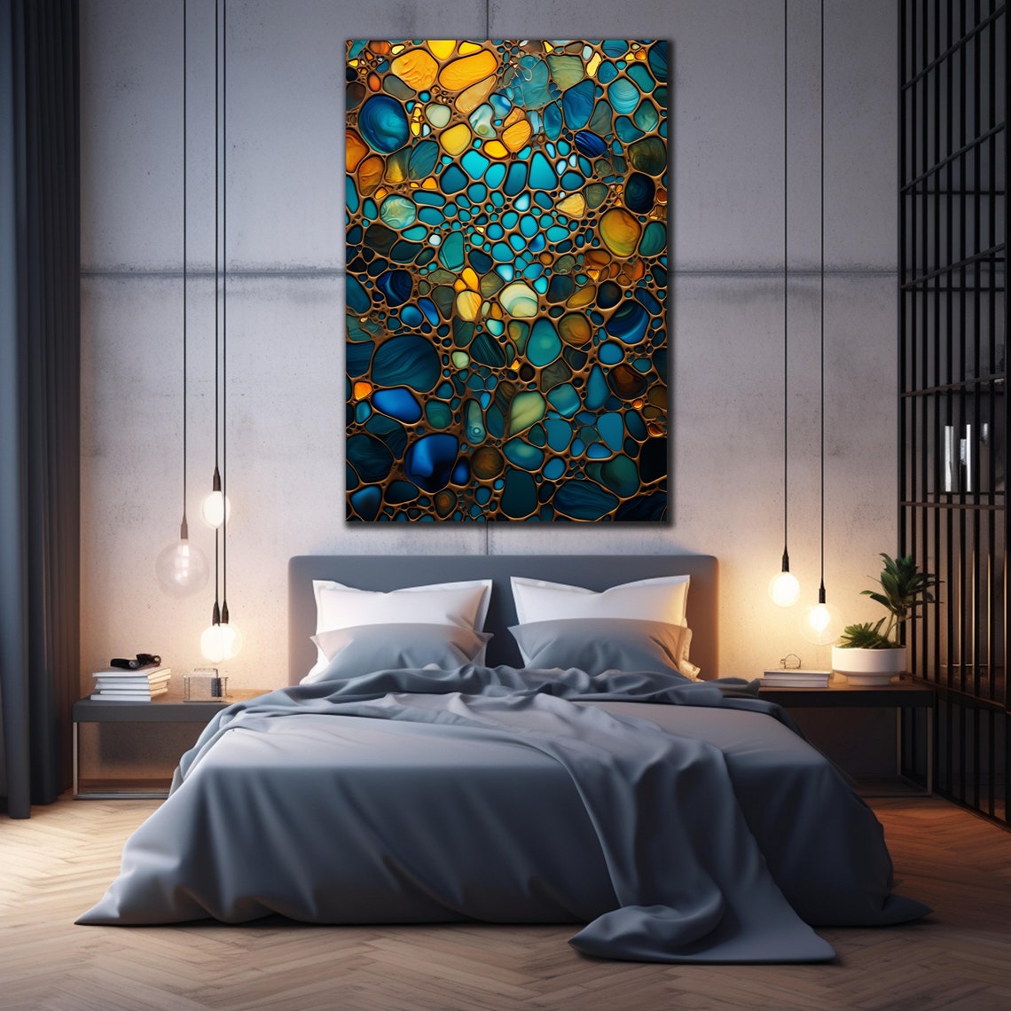 Turquoise Gold Pebble Abstract Pattern Copper Grout Art Wall Poster - Image 3