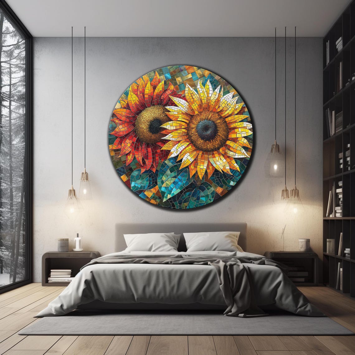 Sunflower Mosaic Round Two Flowers Yellow Orange Glass Wall Art Poster - Image 3