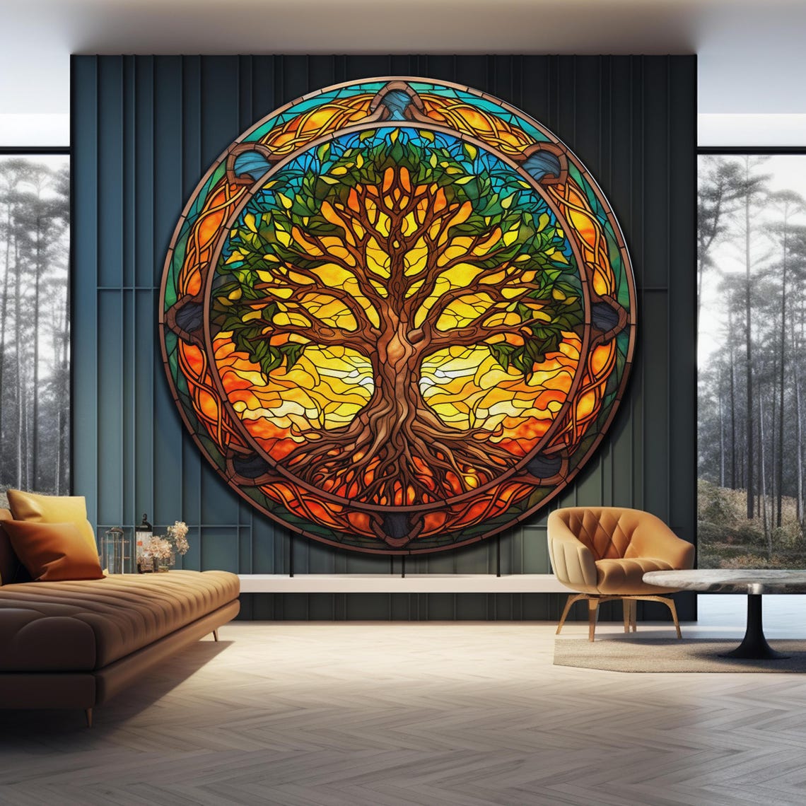 Tree Of Life Stained Glass Sunset Celtic Knot Border Round Wall Art - Image 4