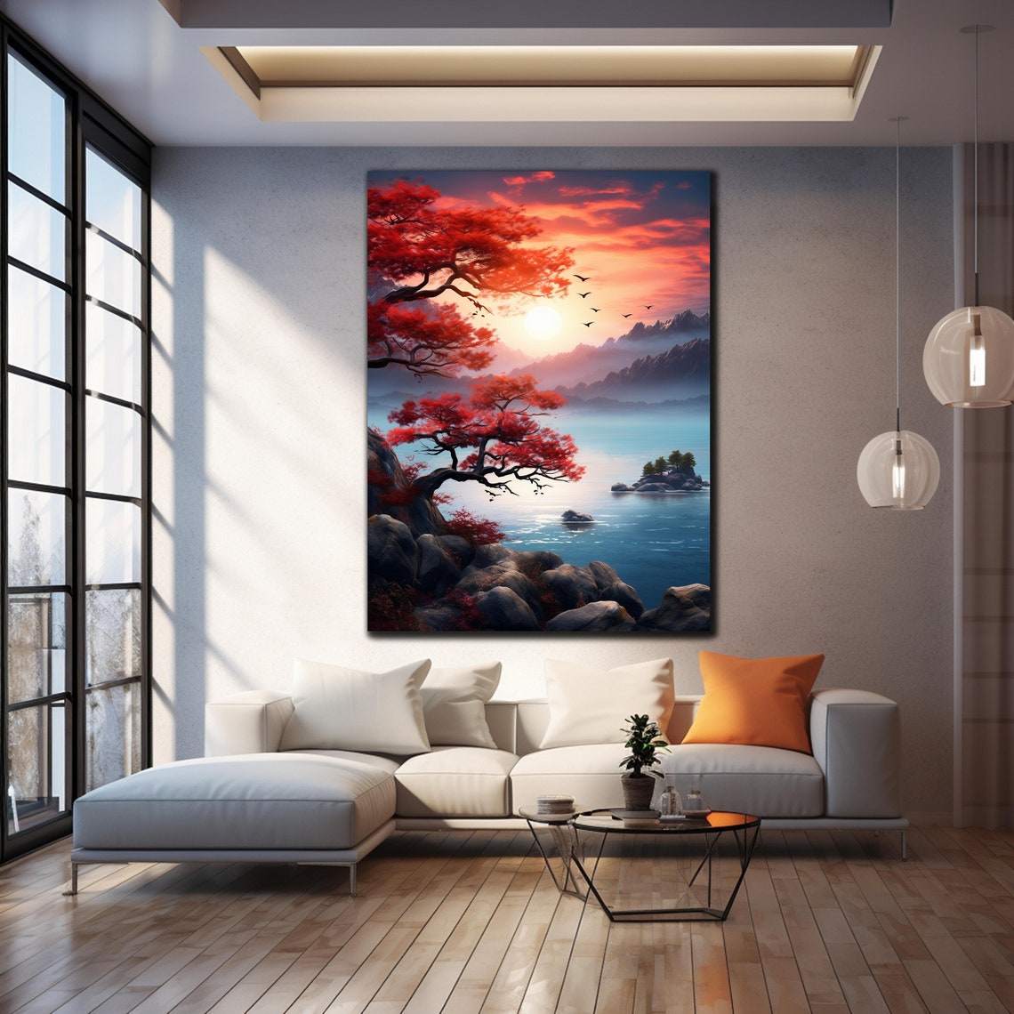 Red Maple Trees Rocky Shore Sunset Mountain Lake Landscape Poster - Image 4