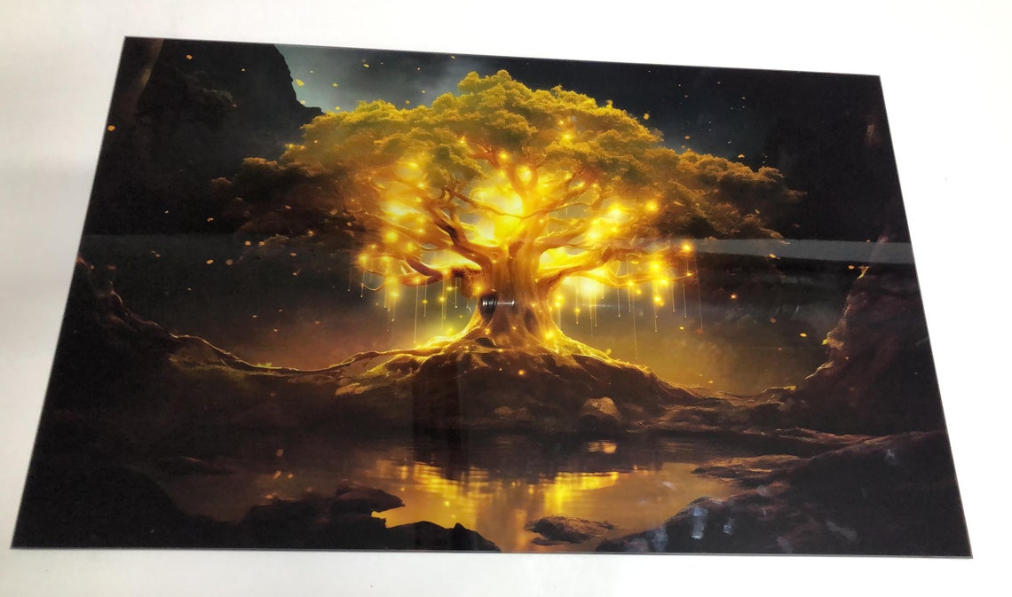 Glowing Golden Tree Night Pond Fireflies Enchanted Wall Art Poster - Image 4