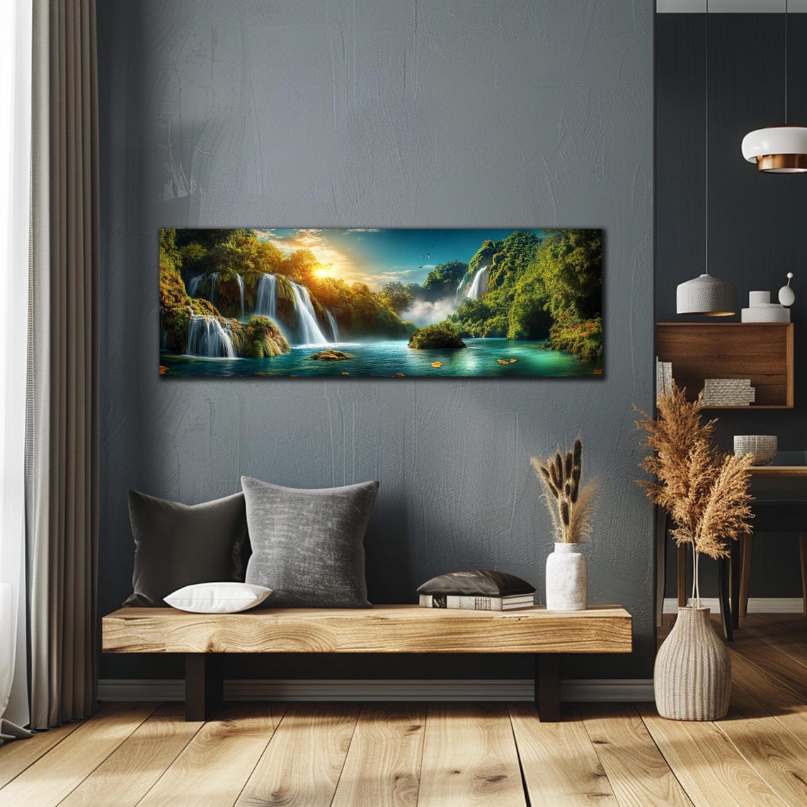 Tropical Waterfall Lagoon Sunlit Jungle Paradise Panoramic Poster - Image 2