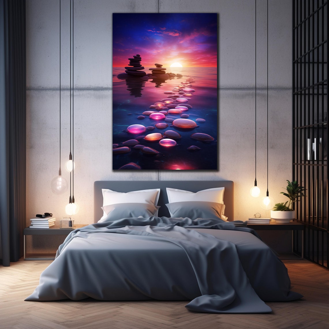 Zen Stone Cairns Sunset Glowing Pebbles Calm Water Spa Travel Poster - Image 2