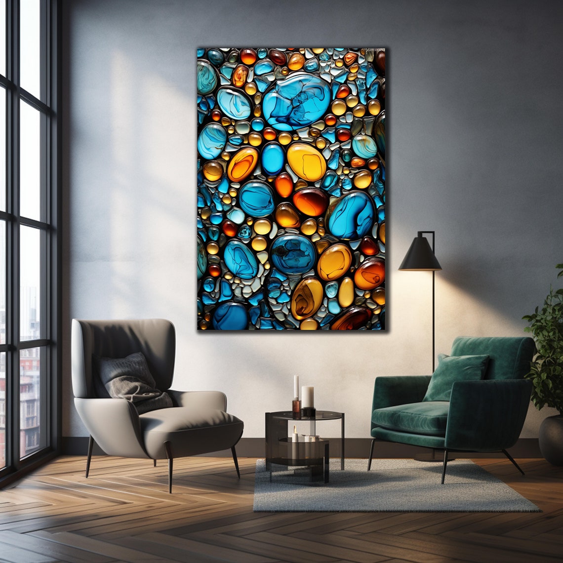 Glossy Glass Pebbles Mosaic Blue Amber Stones Abstract Wall Poster - Image 3
