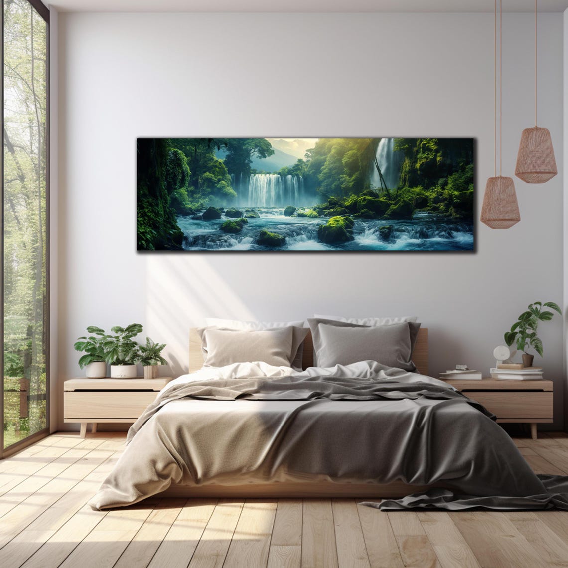 Jungle Waterfall Mossy Rocks Misty Stream Lush Forest Panoramic Poster - Image 3