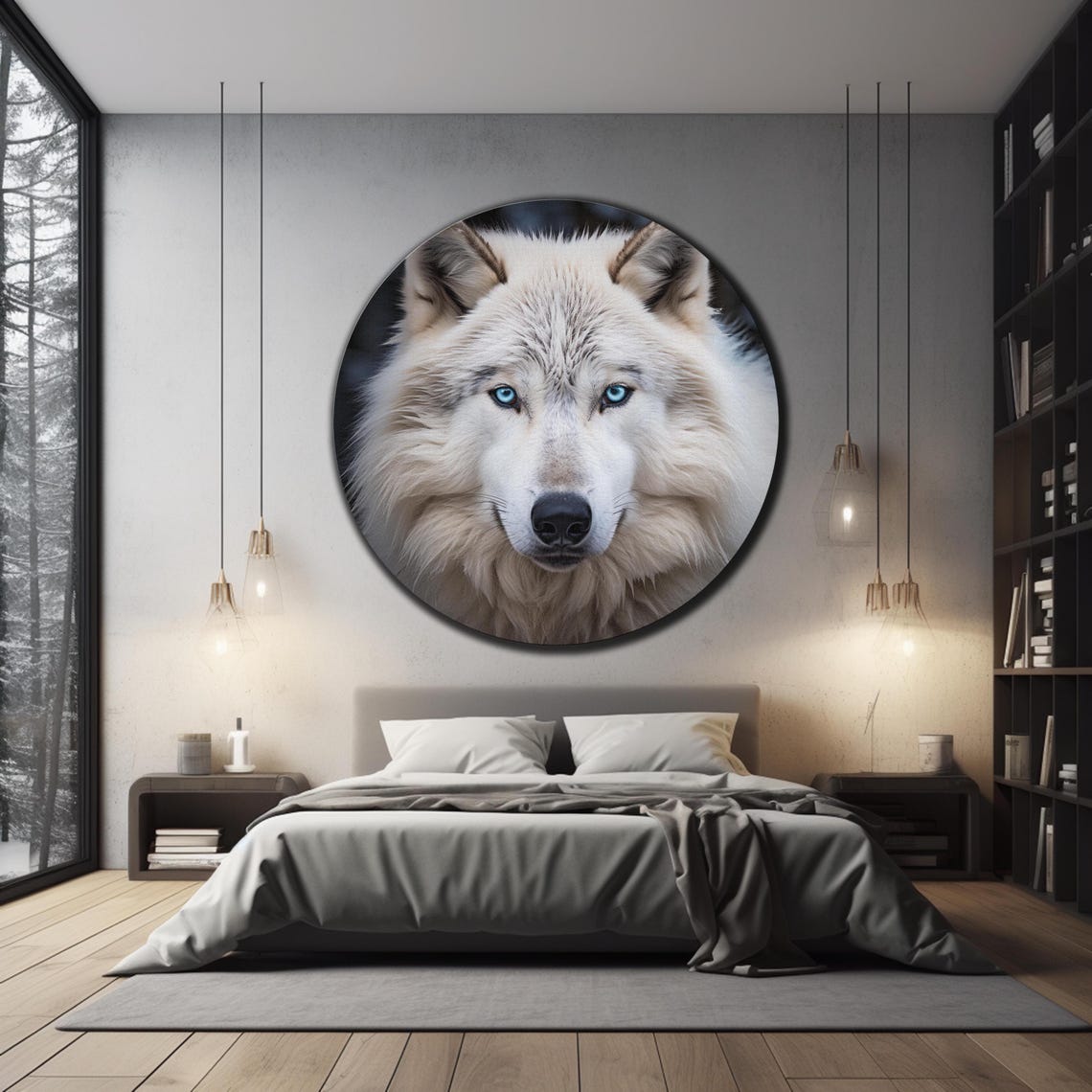 White Wolf Blue Eyes Portrait Round Wildlife Animal Wall Art Poster - Image 3