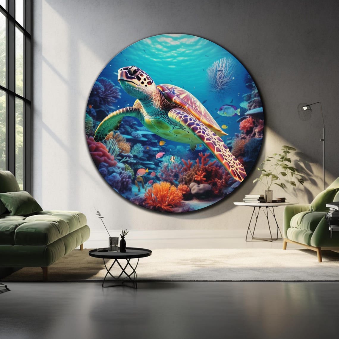 Sea Turtle Coral Reef Ocean Life Colorful Underwater Round Wall Art - Image 4