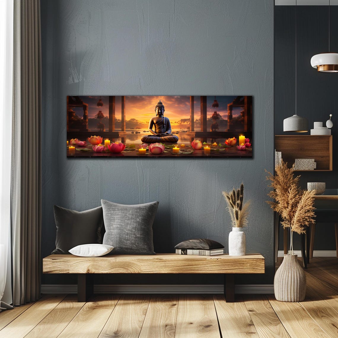 Buddha Sunset Temple Floating Lotus Candles Panoramic Wall Art - Image 4