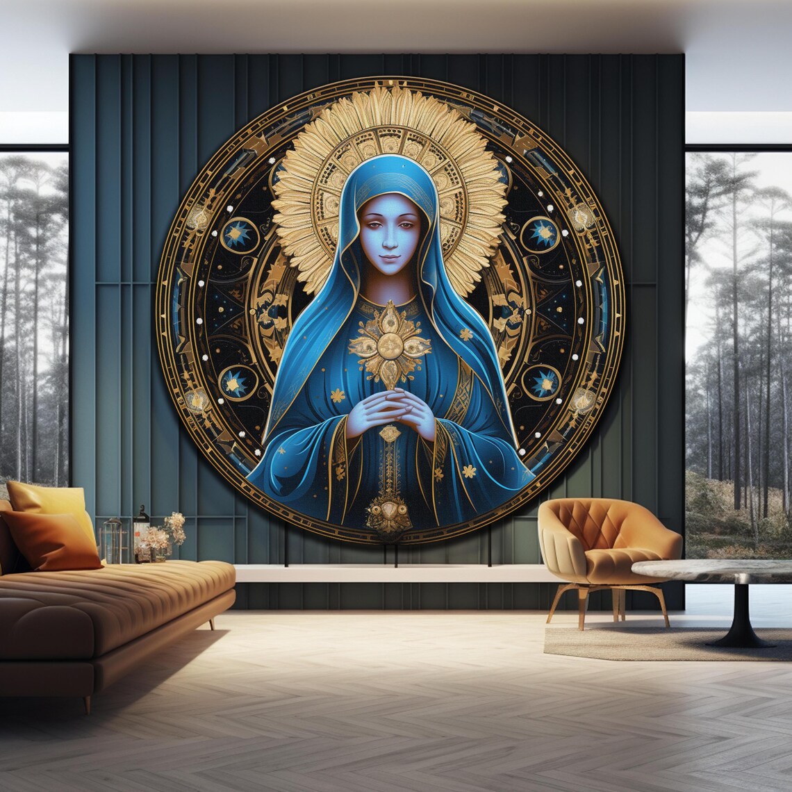 Virgin Mary Blue Veil Golden Starburst Halo Prayer Round Wall Art - Image 4