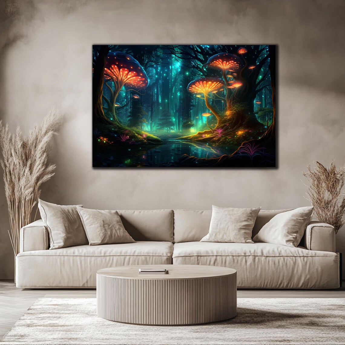 Tempered Glass Wall Art Fireflies Illuminate Forest Fantasy Neon Wall Decor Optical Illusion Artwork Psychedelic Glowing Forest Glass Art - Image 4