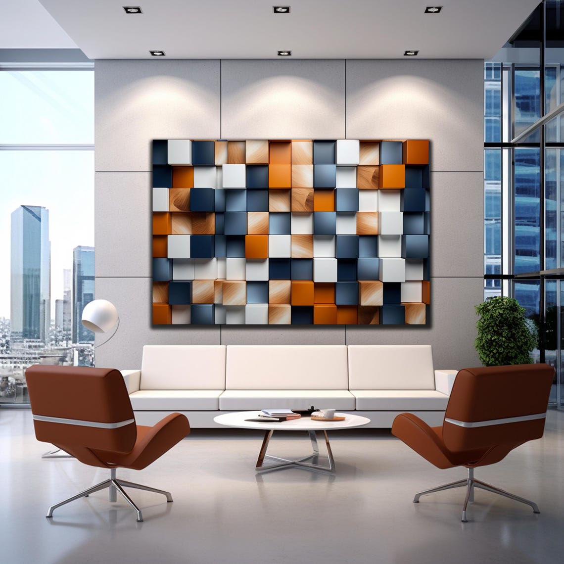 Navy Orange White Wood Cube Grid Bold 3D Abstract Wall Art Print - Image 3
